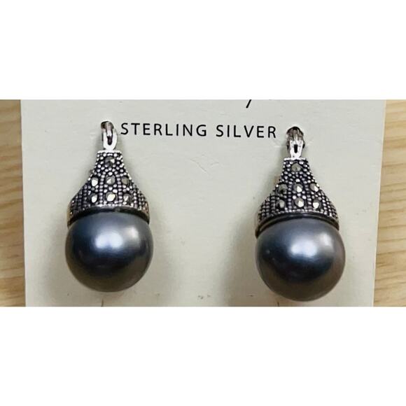 VINTAGE FAUX GRAY PEARL & MARCASITE STERLING SILVER 925 DROP EARRINGS ~ 1 in - Picture 2 of 9